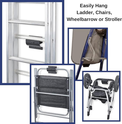 Ladder Hanger set of 4 For Garage Wall - Black Heavy Duty Utility Hook For Wall Mount Ladder Storage. Versatile Tool Holder To Maximize Space In Garden, Shed, Workshop, Hang Wheelbarrow, Folding Chair