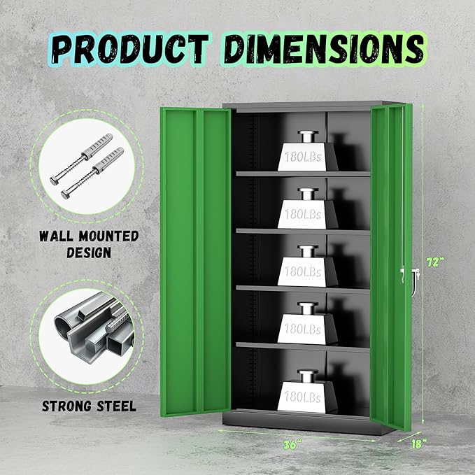 SUNCROWN 72" Metal Storage Cabinet - Heavy-Duty Metal Garage Cabinet with 4 Adjustable Shelves & 2 Doors for Tools, Office, Home, Workshop,Black & Green