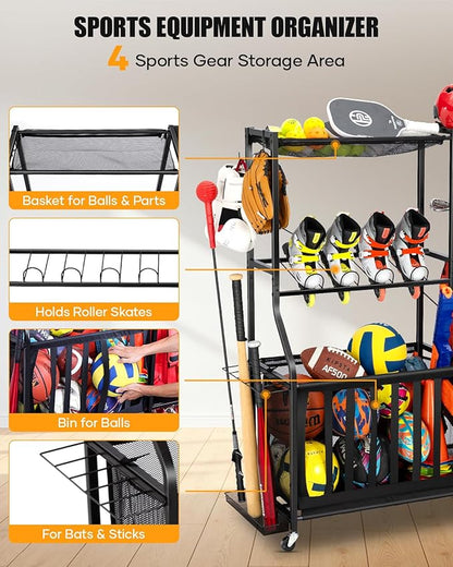 Garage Sports Equipment Organizer with Wheels - Golf Bag Storage Rack and Ball Storage Bins, Heavy Duty Rolling Garage Organizer System with Basket and Hooks for Indoor (Black-Large)