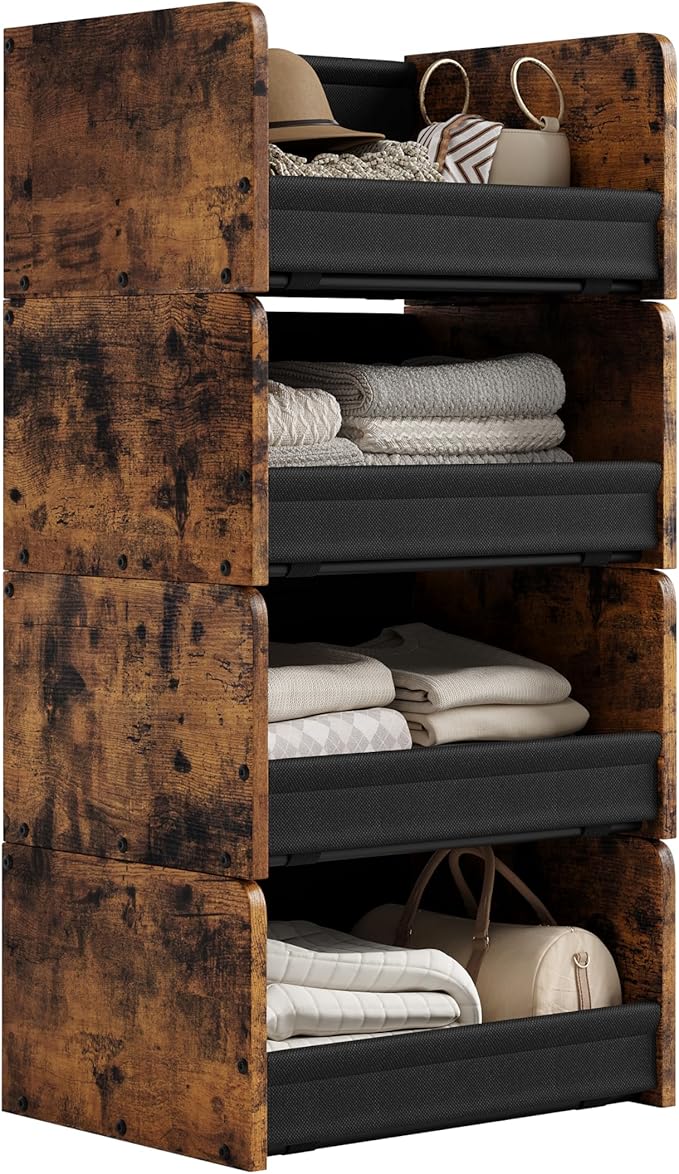 4-Tier Stackable Closet Organizer and Storage Stackable Shelves – Heavy-Duty Darwers Wood & Metal, Easy Assembly, Space-Saving Vertical Storage for Bedroom, Closet, Patent Design