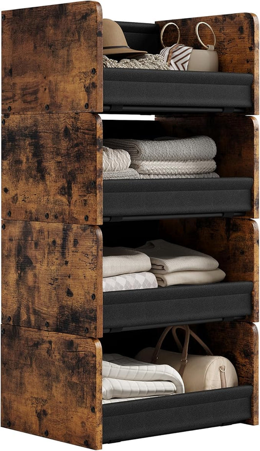 4-Tier Stackable Closet Organizer and Storage Stackable Shelves – Heavy-Duty Darwers Wood & Metal, Easy Assembly, Space-Saving Vertical Storage for Bedroom, Closet, Patent Design