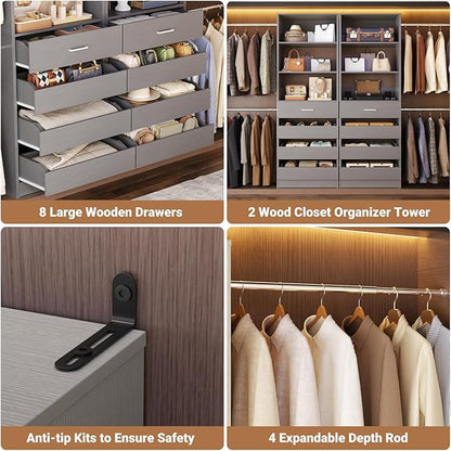 Aheaplus Closet System, 6-15Ft Closet Organizer with 8 Wooden Drawers, Wood Closet Organizer System with Tower, Walk-in Closet Organizer Wardrobe Garment Clothes Rack with 4 Hanging Rods, Grey