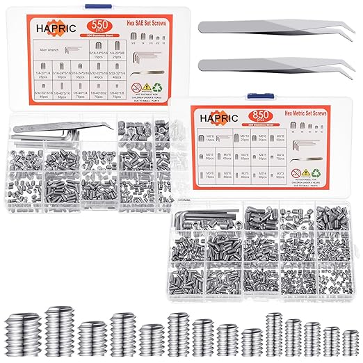 1400 Pcs 26 Size Set Screw Kit Metric&SAE Set Screw Assortment Kit 304 Stainless Steel Head Socket Hex Metric Set Screws Kit Cup-Point Screws (M3-M8, 1/8"-40 to 5/16"-18)