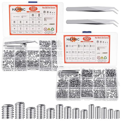 1400 Pcs 26 Size Set Screw Kit Metric&SAE Set Screw Assortment Kit 304 Stainless Steel Head Socket Hex Metric Set Screws Kit Cup-Point Screws (M3-M8, 1/8"-40 to 5/16"-18)