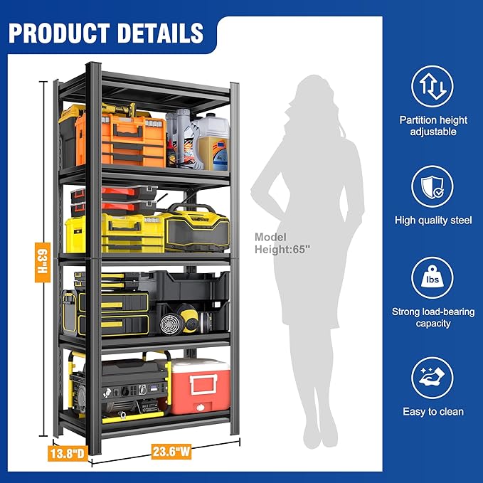 Metal Garage Shelving Unit，Adjustable Metal Rack with 5 Heavy-Duty Units, Suitable for Home Garages, Kitchens, Pantry, and Bookshelves (63" H x 23.6" W x 13.8" D)