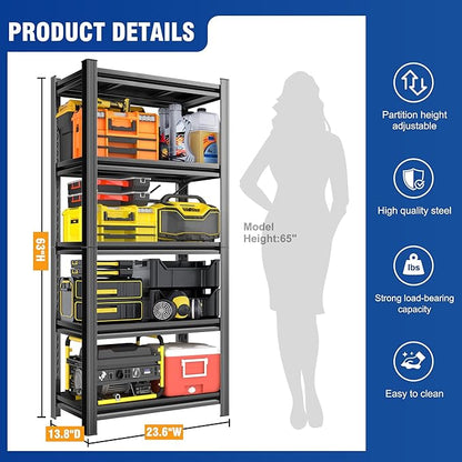 Metal Garage Shelving Unit，Adjustable Metal Rack with 5 Heavy-Duty Units, Suitable for Home Garages, Kitchens, Pantry, and Bookshelves (63" H x 23.6" W x 13.8" D)