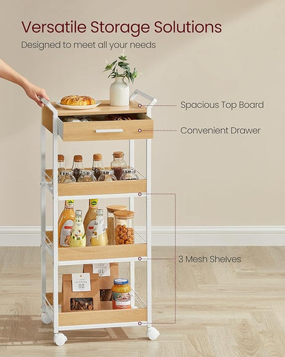 VASAGLE Storage Cart, 4-Tier Rolling Utility Cart with Table Top, Handles, 4 Lockable Casters, Top Drawer, Mesh Shelves, for Kitchen, Bathroom, Bedroom, Golden Oak and Cloud White ULRC049N01