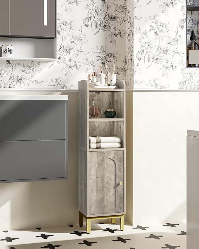 Bathroom Storage Cabinet, Small Corner Floor Cabinet with Door and Shelves, Narrow Toilet Paper Holder, Bathroom Organizer with Adjustable Shelf, for Small Spaces, Rustic Greige BC38205GV1