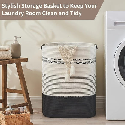 DOFASAYI Laundry Hamper - 85L Large Laundry Basket with Leather Handles, Decorative Storage Basket for Blankets - Clothes Hamper for Living Room, Bedroom, Black & White