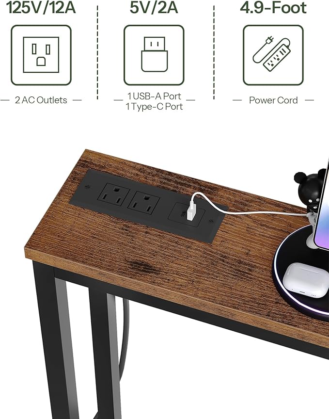 78.7" Narrow Console Table with Charging Station, Behind Couch Table with 2 AC Outlets, 1 USB and 1 Type-C Port for Hallway, Living Room, Foyer, Rustic Brown and Black TXG02UBF