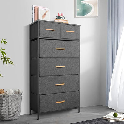 Mifuro Tall Dresser for Bedroom, Vertical Storage Organizer Tower with 6 Drawers, Chest of Drawers with Fabric Bins, Steel Frame, Wood Top for Bedroom, Closet, Entryway- Grey