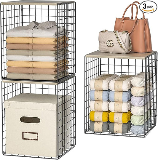 Taller Closet Organizers and Storage with Wood Top, Set of 3 Stackable Wire Storage Bins for Clothes, Bags, Towels, Double Storage Design, Sturdy Metal Cube Shelf Organizer for Closet Wardrobe, Black
