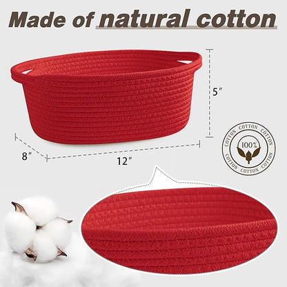 Pro Goleem Small Woven Basket with Gift Bags and Ribbons Durable Baskets for Gifts Empty Small Rope Basket for Storage 12"X 8" X 5" Baby Toy Basket with Handles, Red