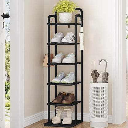 Vertical Shoe Rack, Shoe Shelves, Wood Shoe Organizer for Closet, Entryway, Shoe Tower for Small Spaces, Free Standing, Adjustable, with 2 Hooks, 6 Tier Black SR04204B