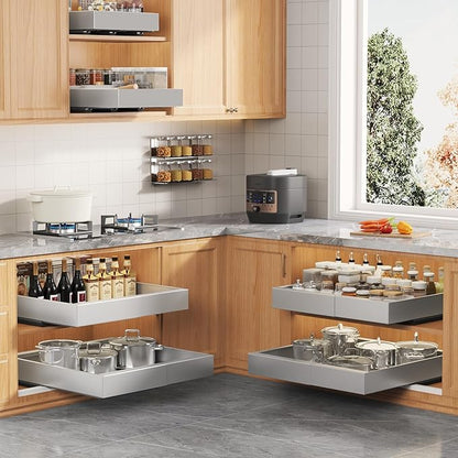 2 Pack Expandable Width (15.15"-26.3") Pull Out Cabinet Organizer 21" Deep with Raising Pad for Framed Cabinets, Upgrade 3 Slide Rails Slide Out Drawers, Roll Out Shelves Adhesive, Silver