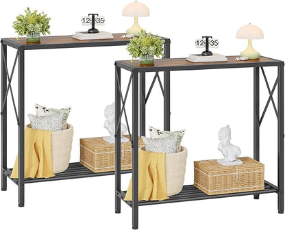Tajsoon 2 Pack Console Table, 2 Tier Small Hallway Table, Narrow Sofa Table for Entryway with Open Shelves for Living Room, Hallway, Foyer, Office, Rustic Brown