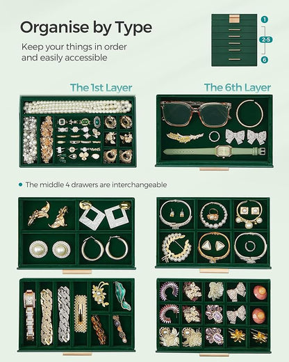 SONGMICS GISELLA Collection - Jewelry Box Organizer, 6-Layer Jewelry Storage with 5 Drawers, Shiny Metal Hardware, Glass Lid, Modern, 6.4 x 9.9 x 11.4 Inches, Forest Green and Gold Color UJBC171C01