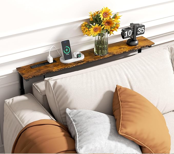 GRLEAF 39" Adjustable Height Narrow Console Table with Power Outlets, Long Sofa Table with Charging Station Behind Couch Table Skinny Entryway Table for Living Room, Hallway and Office – Rustic Brown