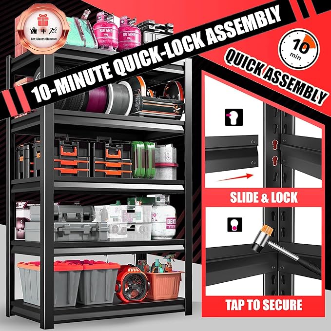 24"W x 12"D Garage Shelving Unit, 2000 lbs Heavy Duty Storage Shelves Easy Assembly 5-Tier Adjustable Metal Steel Utility Shelf Rack for Garage, Basement, Warehouse, 63" H x 23.6"W x 11.8"D