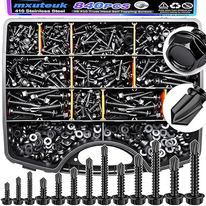 mxuteuk 840PCS #8#10#12#14 Self Tapping Screws for Metal,410 Stainless Steel Self Drilling Screws,Hex Head 1/2" to1-1/2'' Self Tapping Screw for Plastic(420pcs Screw+420pcs Washer)