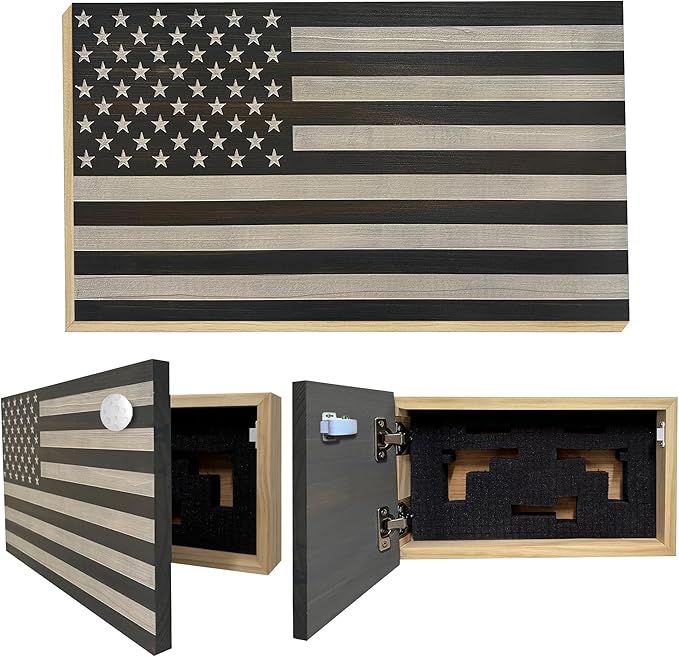 American Flag Hidden Gun Safe - Quick Access Hidden Gun Shelf - Concealment Shelf with Magnetic Lock - Wall Gun Safe for Secure Firearm Storage - Handcrafted In USA by Bellewood Designs (Gray & White)