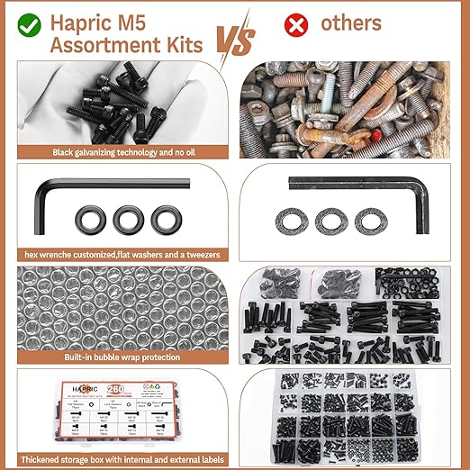 260 Pcs M5 Screws Assortment Kit, M5x 8/10/12/16/20/25/30/35mm M5 Bolts Kit 12.9 Alloy Steel Nuts and Bolts Assortment Kit Black Zinc Plated Hex Socket Head Screws Nuts Bolts and Washers Set