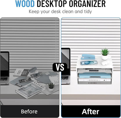 Wood Desk Organizer, 3 Tier Paper Tray Organizer for Desk with Adjustable Storage Shelves, Desktop File Organization Paper Sorter Mail Holder for Office Home Classroom, White