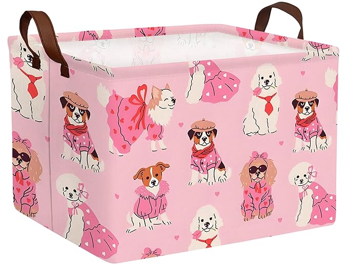 Pink Dog Toy Basket Collapsible Puppy Bin Storage Organizer Large Pet Box With Handles (Girl Dog)