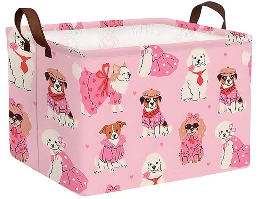 Pink Dog Toy Basket Collapsible Puppy Bin Storage Organizer Large Pet Box With Handles (Girl Dog)