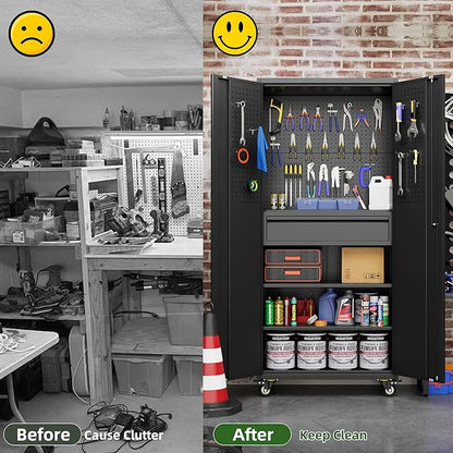 Garage Storage Cabinet with Wheels, 5 Pegboards and 1 Drawer, 71" H Lockable Metal Storage Cabinet with 2 Adjustable Shelves and 16 Hooks for Garage,Warehouse, Assembly Required,Black