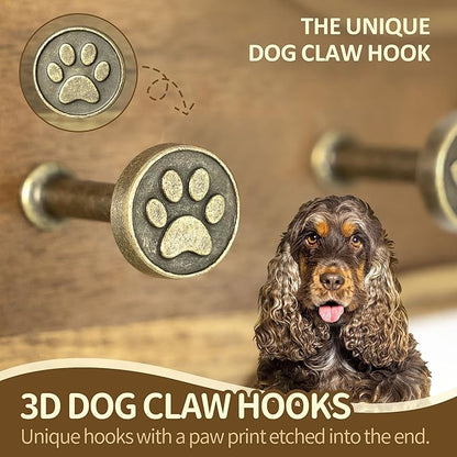 MTERSN Farmhouse Dog Leash Holder for Wall – Dog Stuff Organizer and Dogs Bone Key Holder Wall Mount with 3D Puppy Paw Hooks - Cute Stuff for Pet Lover Gifts (Acacia Wood)