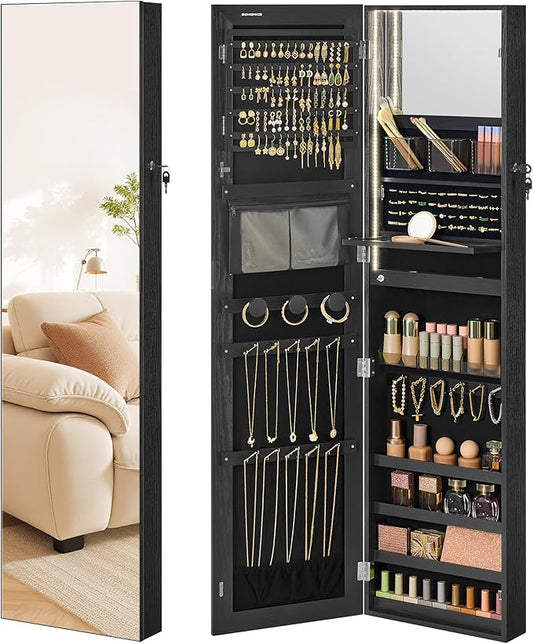 SONGMICS 55 Inches Tall Spacious Jewelry Cabinet, Jewelry Armoire with Light-Up Interior Mirror, Wall or Door Mounted Jewelry Storage Organizer, Lockable, Gift Idea, Black UJJC032BZ01