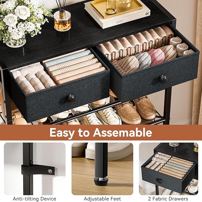 Shoe Rack for Entryway, 5 Tier Shoe Organizer with 2 Non-Woven Drawers, Metal Storage Shoe Shelf for 16-20 Pairs of Shoes, with Wooden Top and Steel Frame, Shoe Stand for Closet Black Grey