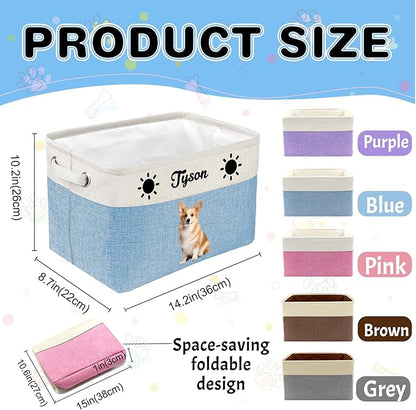 Personalized Dog Toy Storage Basket Bin with Name Photo Custom Pet Collapsible Organizer Box Container for Toys Coats Clothing Blankets