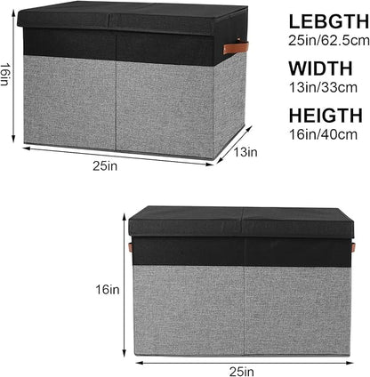 Large Toy Storage Box with Lid, Sturdy Toys Storage Chest Bin Organizer Basket with Dividers for Kids, Boys, Girls, Nursery, Closet, Bedroom, Playroom 25"x13" x16" (Black and Grey)