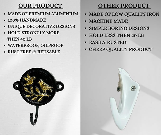 Aluminium Bird Print (1-Pack) Single Wall Hooks, Black Bird Themed Hooks for Hanging Leash-Wall Mount Hanger, Organization Decorative Wall Hook (Bird)