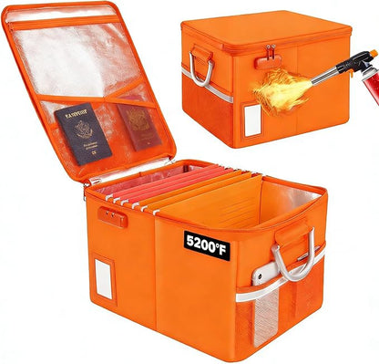 TOMKID Fireproof File Cabinet with Lock, Fireproof Document Organizer Collapsible File Box Filing Cabinet with Handle for Letter Legal Folder Certifications (Orange-Upgrade)