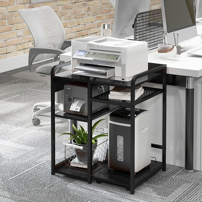 Livofloral Printer Stands with Charging Station, 23.6 x 18.9 Inch Large Printer Stand with Storage for Home Office, Printer Table with Power Outlet USB Port, Printer Shredder Stand with Wheels, Black