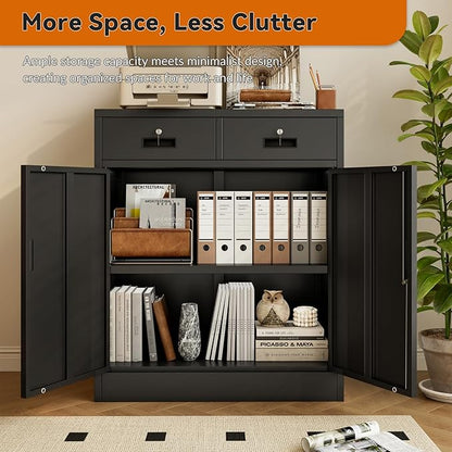 BESFUR Metal Storage Cabinet, Garage Storage Cabinet with 2 Drawers and Adjustable Shelf, Locking Short Storage Cabinet for Office Garage Home, Black Metal Cabinets(36" H x 31.5" W x 16" D)