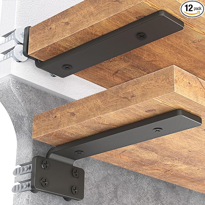 Goovilla Shelf Bracket, Heavy Duty Floating Shelf Brackets 12 inch Long, 12 Pack Brackets for Shelves, Black Coated Metal Wall Shelf Support Brackets with 1/5 Inch Thick and 160 lb. Load Capacity