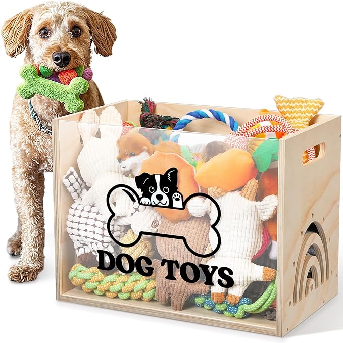 Large Dog Toy Basket Dog Toy Box Wooden Storage Bin with Acrylic Board Storage Box for Puppy Toys Pet Food and Accessories Organizer Holder Basket for Living Room Area(Wood, Dog)