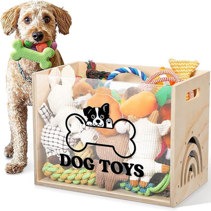 Large Dog Toy Basket Dog Toy Box Wooden Storage Bin with Acrylic Board Storage Box for Puppy Toys Pet Food and Accessories Organizer Holder Basket for Living Room Area(Wood, Dog)
