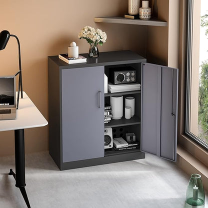 Metal Storage Cabinet, Storage Cabinet with 2 Doors and Shelves, Metal Cabinet with Lock, Small Lockable Cabinet for Home Office (Black Grey)