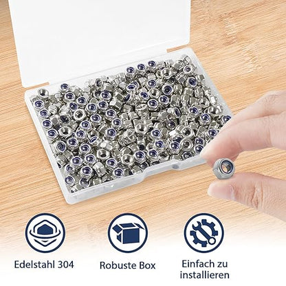 240 Pack M4-0.7mm Nylon Insert Lock Nuts，304 (A2-70) Stainless Steel Locknuts，Standard Metric Thread Nylock Nuts