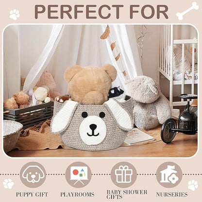 Zopeal Dog Woven Basket Cute Woven Cotton Rope Puppy Animal Storage Basket for Laundry Toy Gift(Brown, White,13 x 8 Inch)