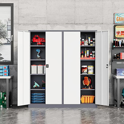 Metal Storage Cabinet-72” Tall Steel File Cabinets with Lockable Doors and Adjustable Shelves-White&Gray Steel Storage Cabinet for Home Kitchen, Office, Garage