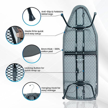 Metal Mesh Panel Tabletop Ironing Board | Foldable Iron Board | Heavy Duty Small Iron Board with Heat Resistant Cover and 100% Cotton 8mm Thicken Pad (Grey)