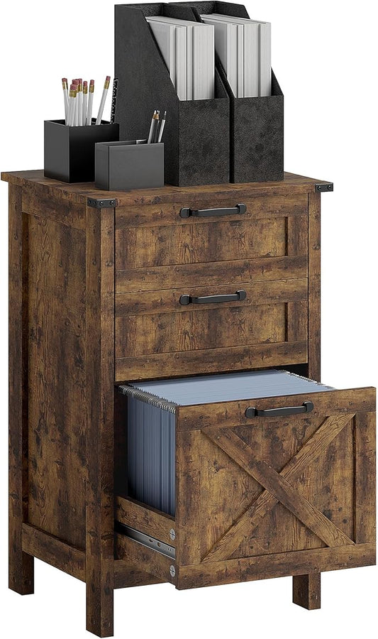 HOMCOM 3 Drawer File Cabinet with Silent Slides, Vertical Filing Cabinet for Hanging A4/Letter Size, Rustic Farmhouse Printer Stand with Storage for Home Office, Rustic Brown
