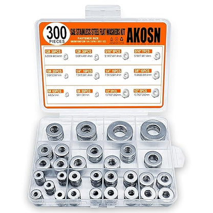 Stainless Steel Flat Washers Assortment Kit, SAE 304, 300-Piece Metal Screw Washers Set for Bolts, 8 Sizes #6; #10; #12; 1/4"; 5/16"; 3/8"; 1/2"