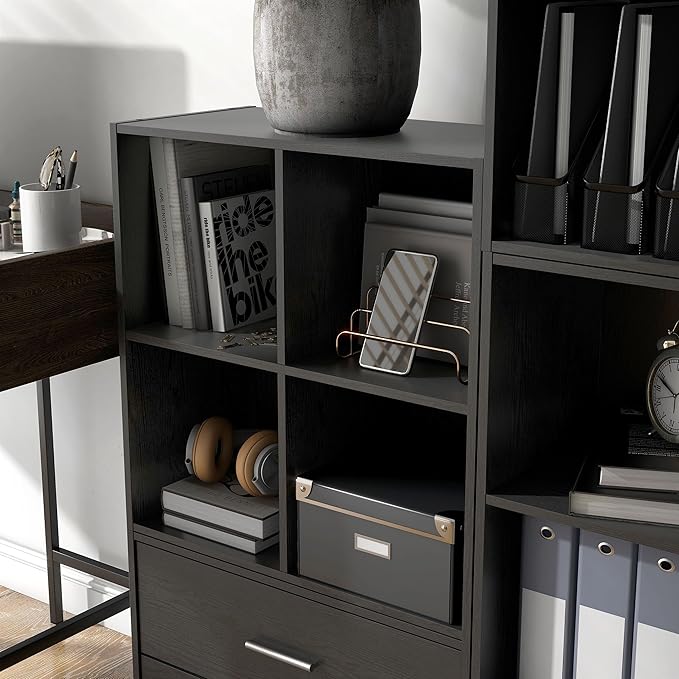 Homes: Inside + Out Apexa 4-Cube Storage Organizer Shelves, Stackable Wood Bookcase Fits Cubby Bins for Organization, Dorm Teen Room Decor & Home Office, Black